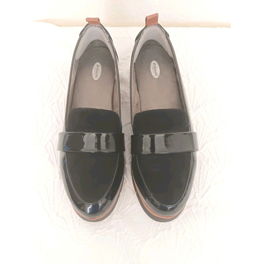 Dr. Scholl’s Women’s Black Patent Suede Loafers Comfort Lug Sole Shoes Size 7.5